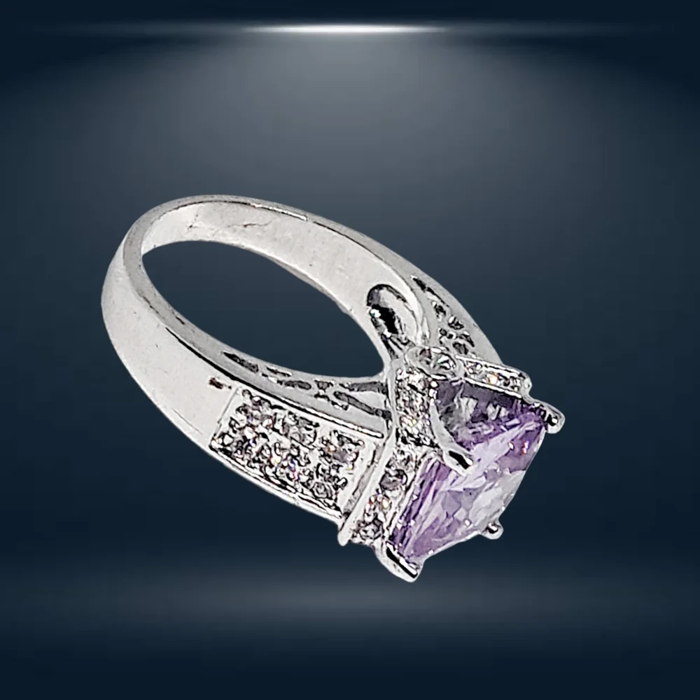 Princess-Cut Brilliant Amethyst Color Stone Cocktail Silver Ring